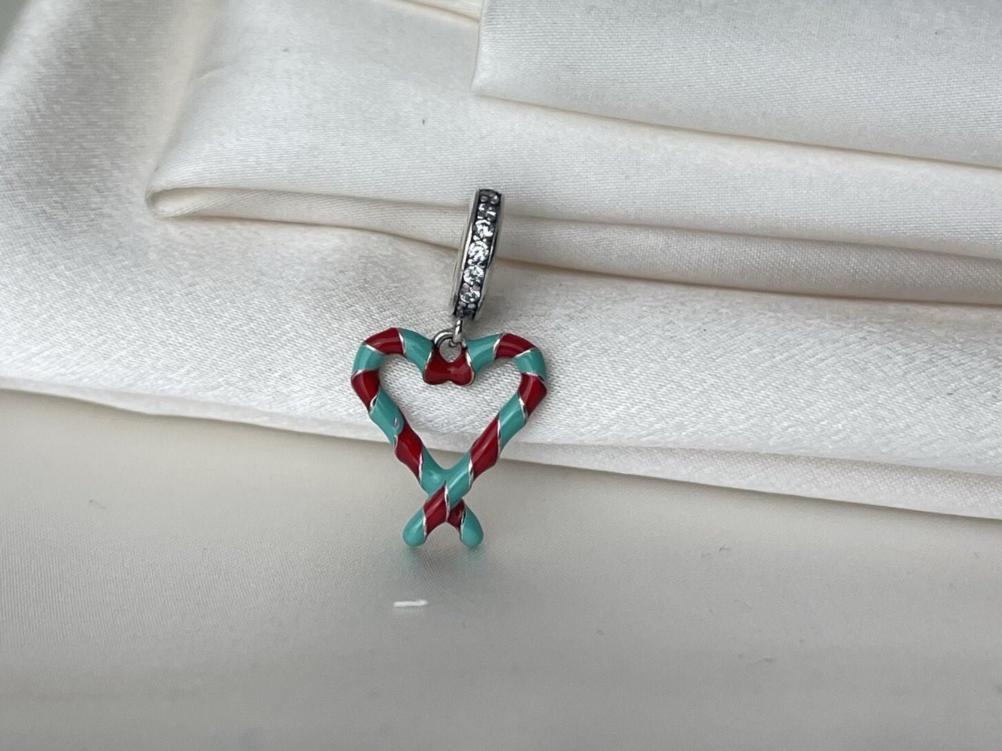 Sterling Silver 925Enamel Christmas Candy Cane Heart Dangle Charm CZ