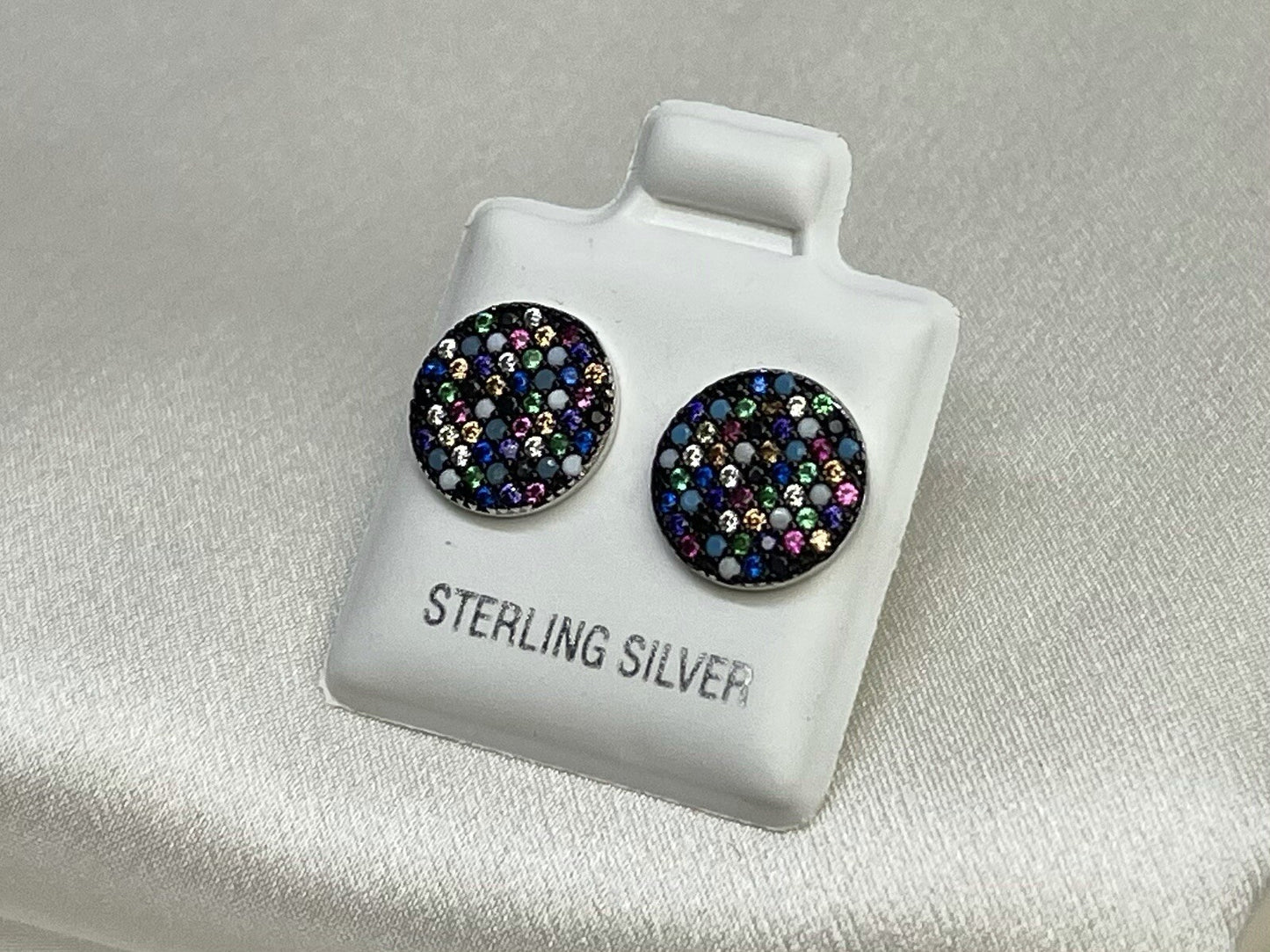 New Sterling Silver 925 10mm Round Stud Earrings Multicolor Cubic Zirconia Stone
