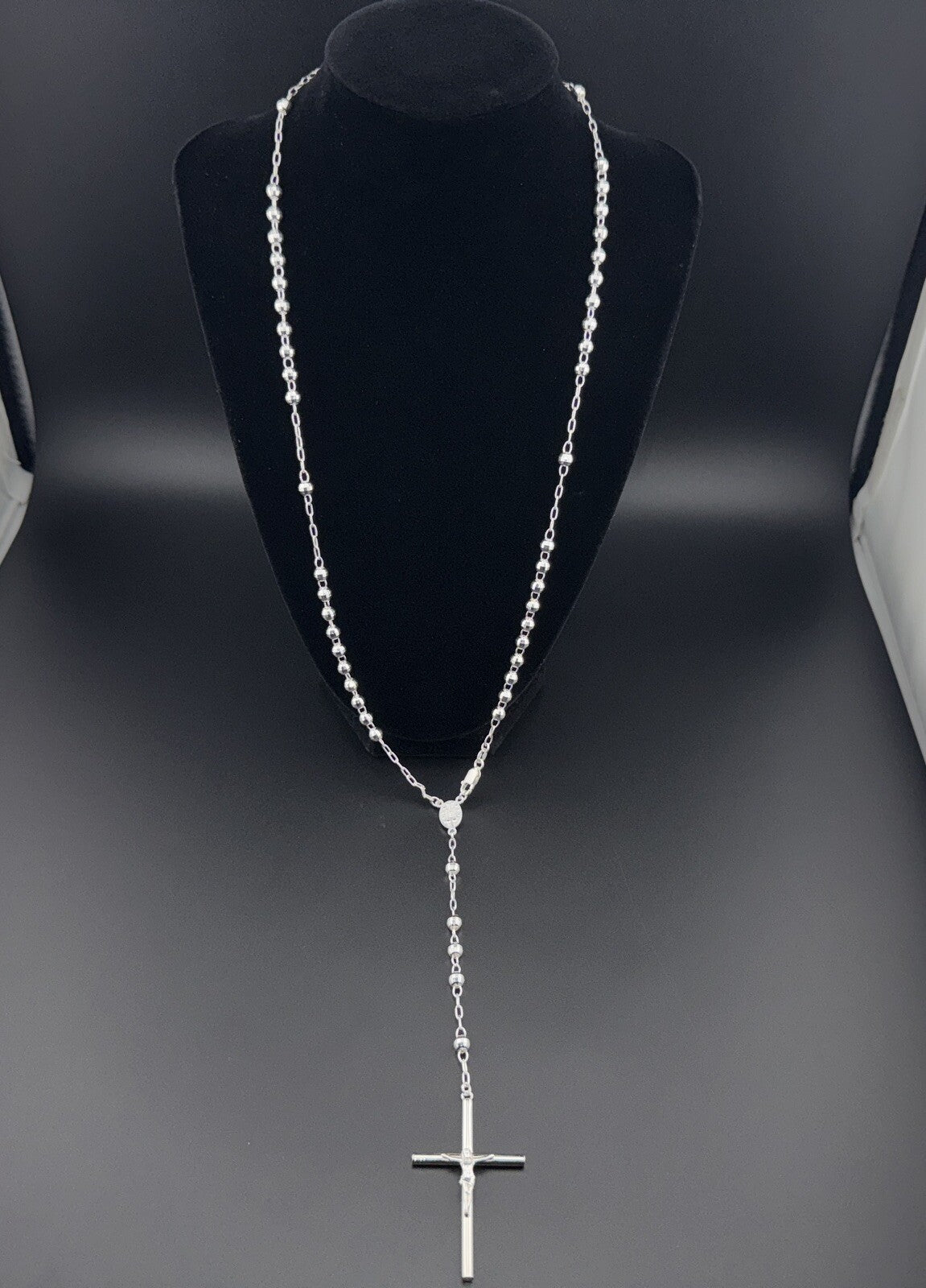 Sterling Silver 925 Rosary Necklace with Mother Mary & Jesus Cross, 24in, 20g