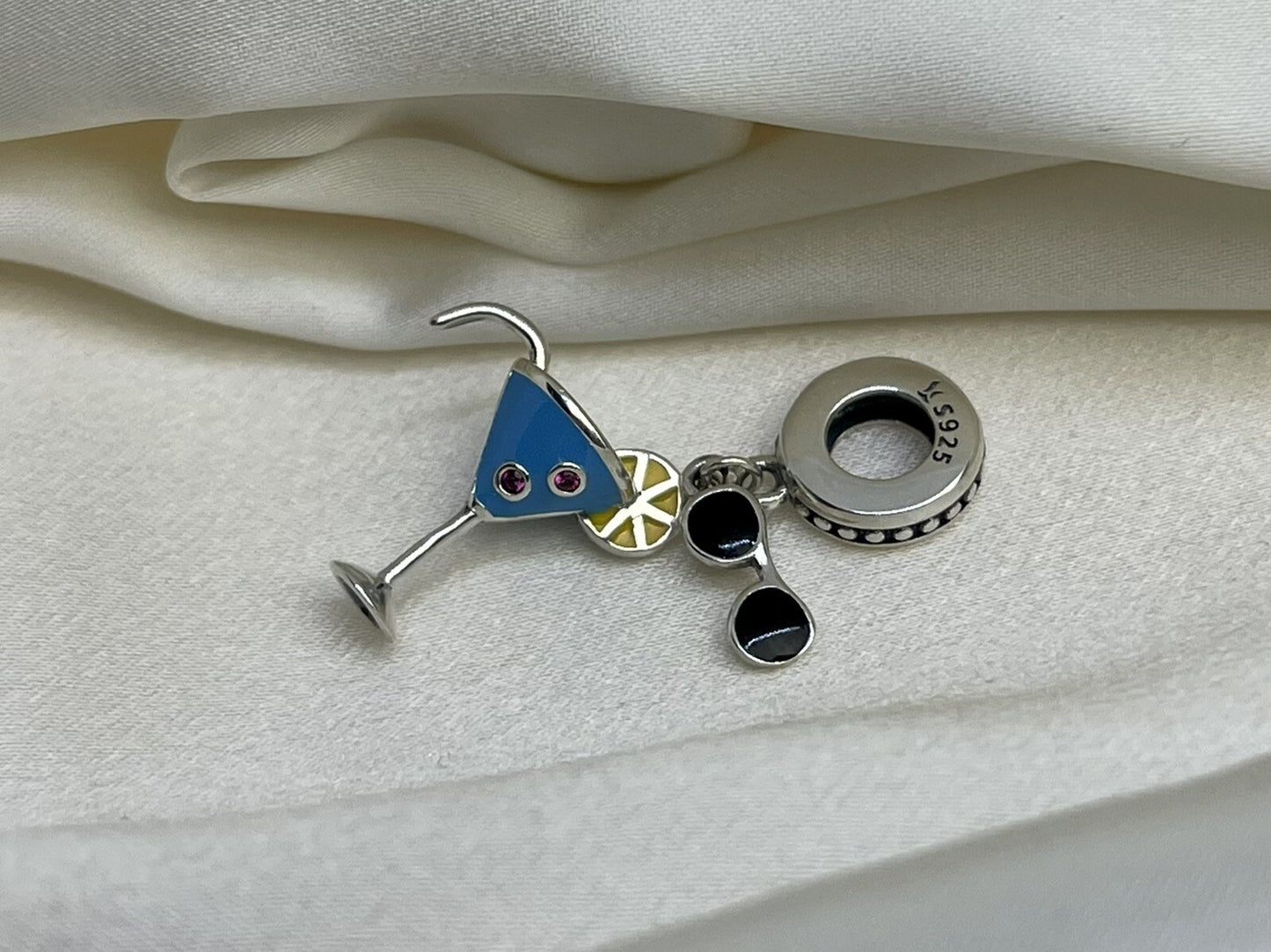 Sterling Silver 925 Charm Summer Cold Drink CZ Stone Enamel Sunglasses Lemon