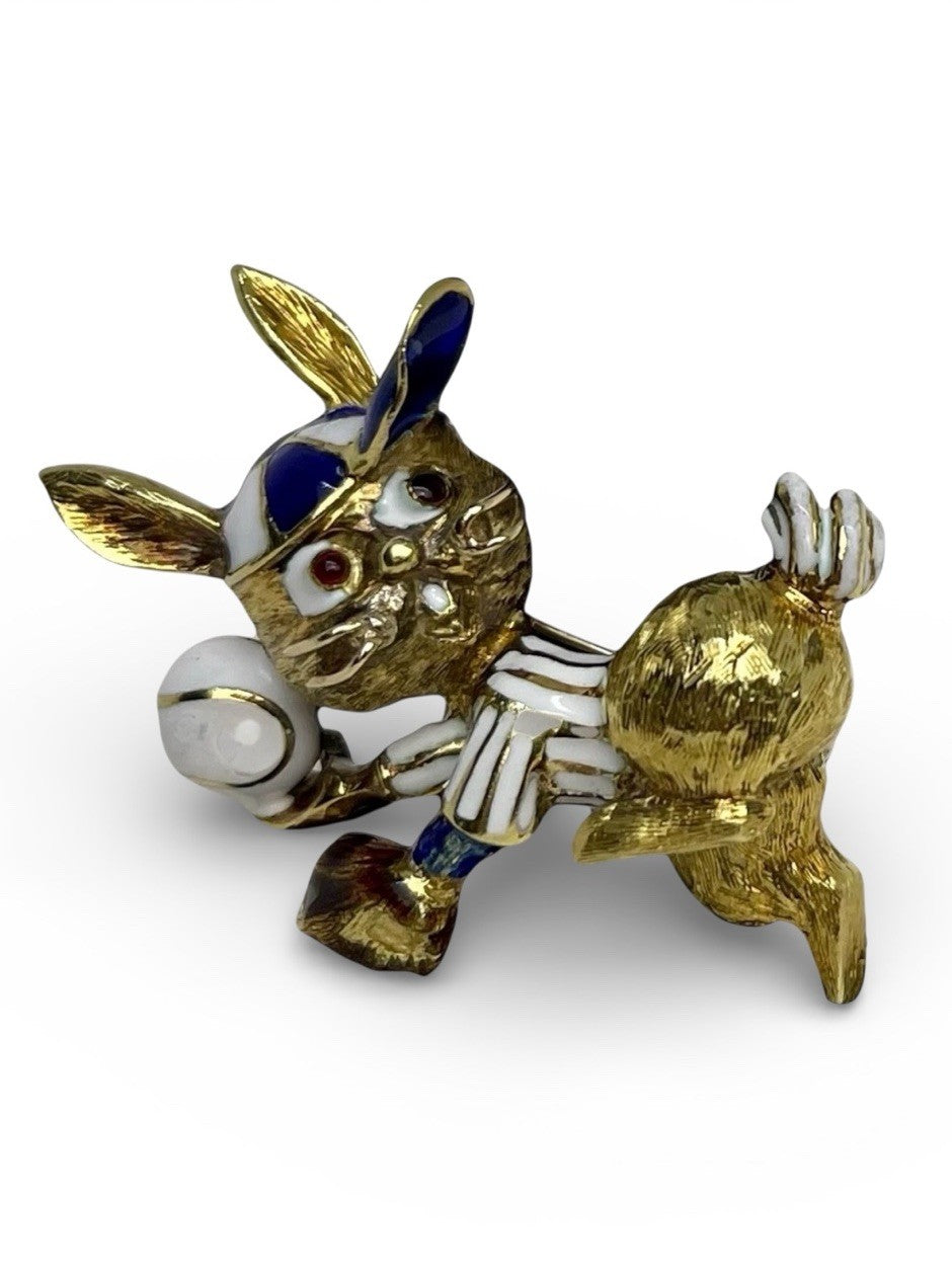 Martine Vintage 18k Gold Enamel Rabbit Baseball Pin XL Brooch 30.3 Grams 53x41mm