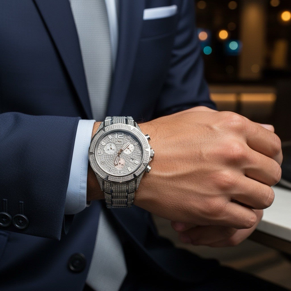IceLink Aqua Terra 1414 Chronograph 7.00ct Diamond Watch Iced Out Silver 45mm