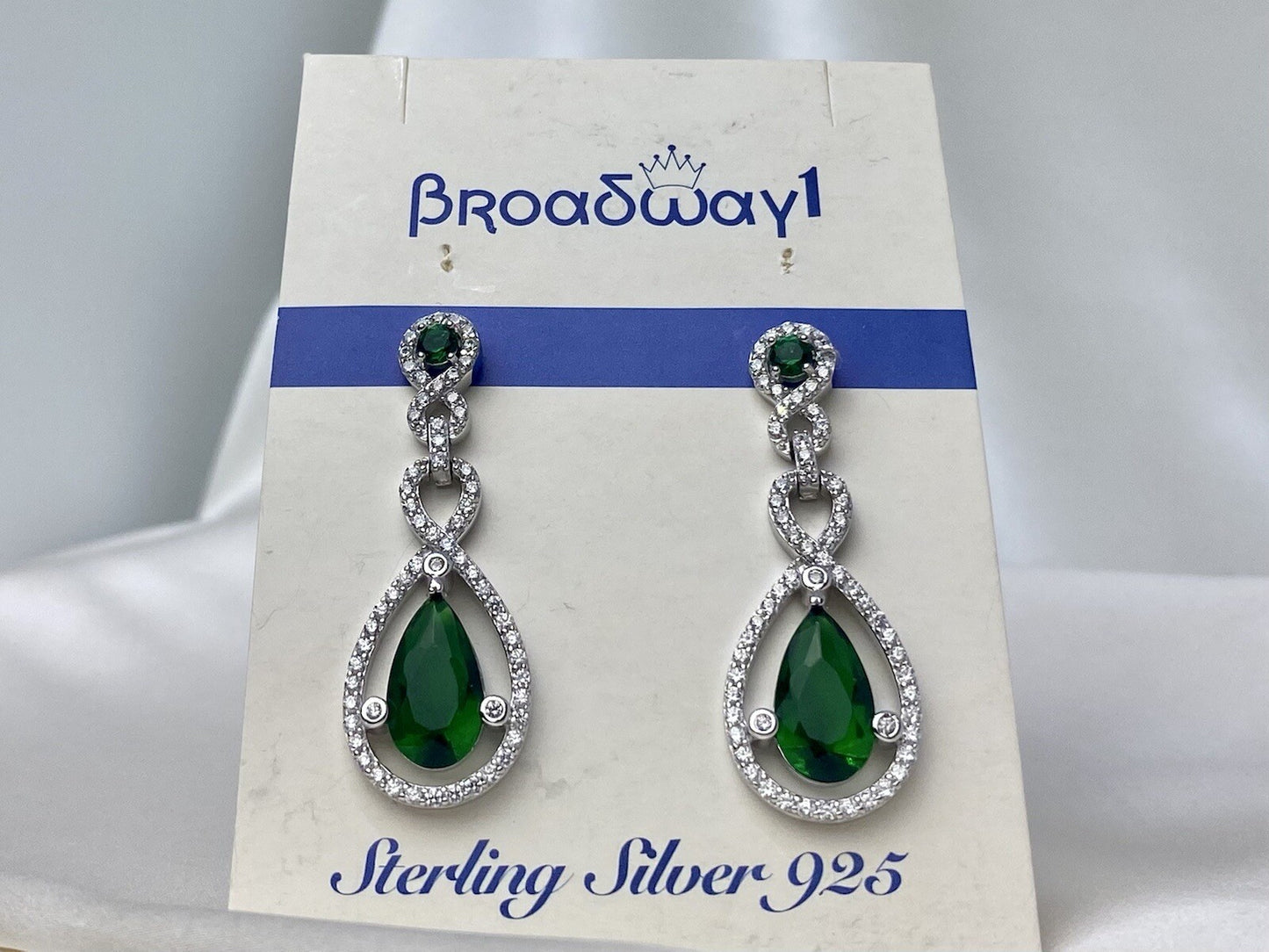 Broadway 1 Sterling Silver 925 16x43mm Green Drop Dangle Earrings Cubic Zirconia