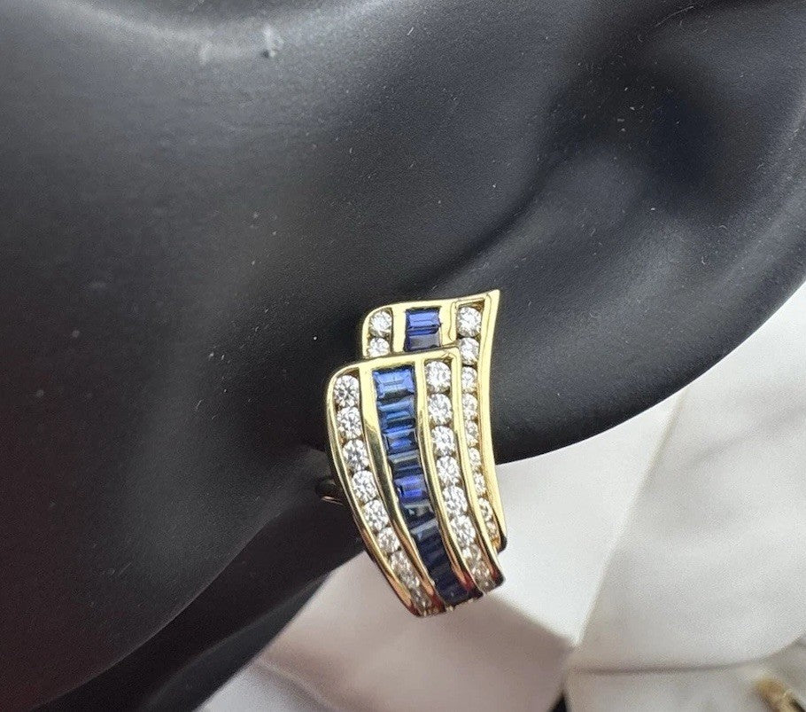 Charles Krypell 18K Yellow Gold Baguette Sapphire & Pave Diamond Earrings 12G