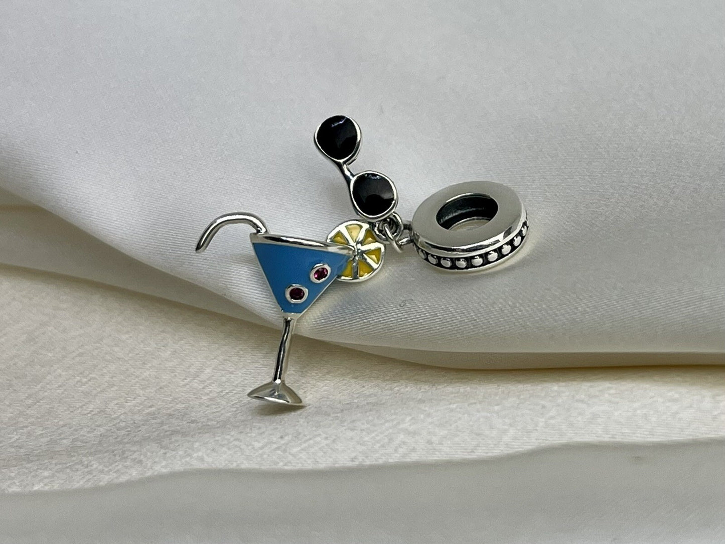 Sterling Silver 925 Charm Summer Cold Drink CZ Stone Enamel Sunglasses Lemon