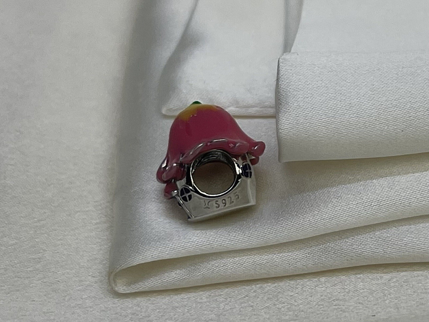 Sterling Silver 925 Enamel Anime Pink Colorful Mushroom House Charm