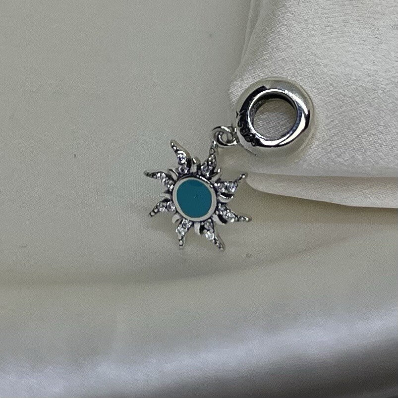 Sterling Silver 925 Enamel Turquoise Sun Star With Cubic Zirconia Dangle Charm