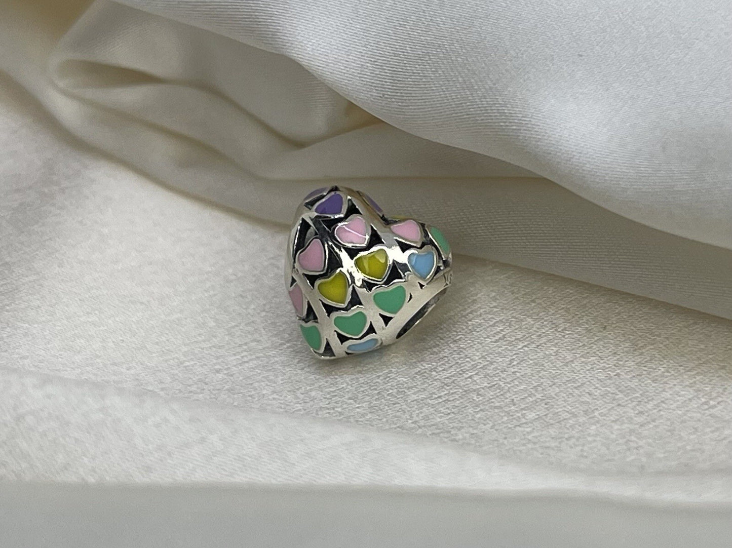 Sterling Silver 925 Enamel Rainbow Heart Love Colorful Bead Charm Pendant