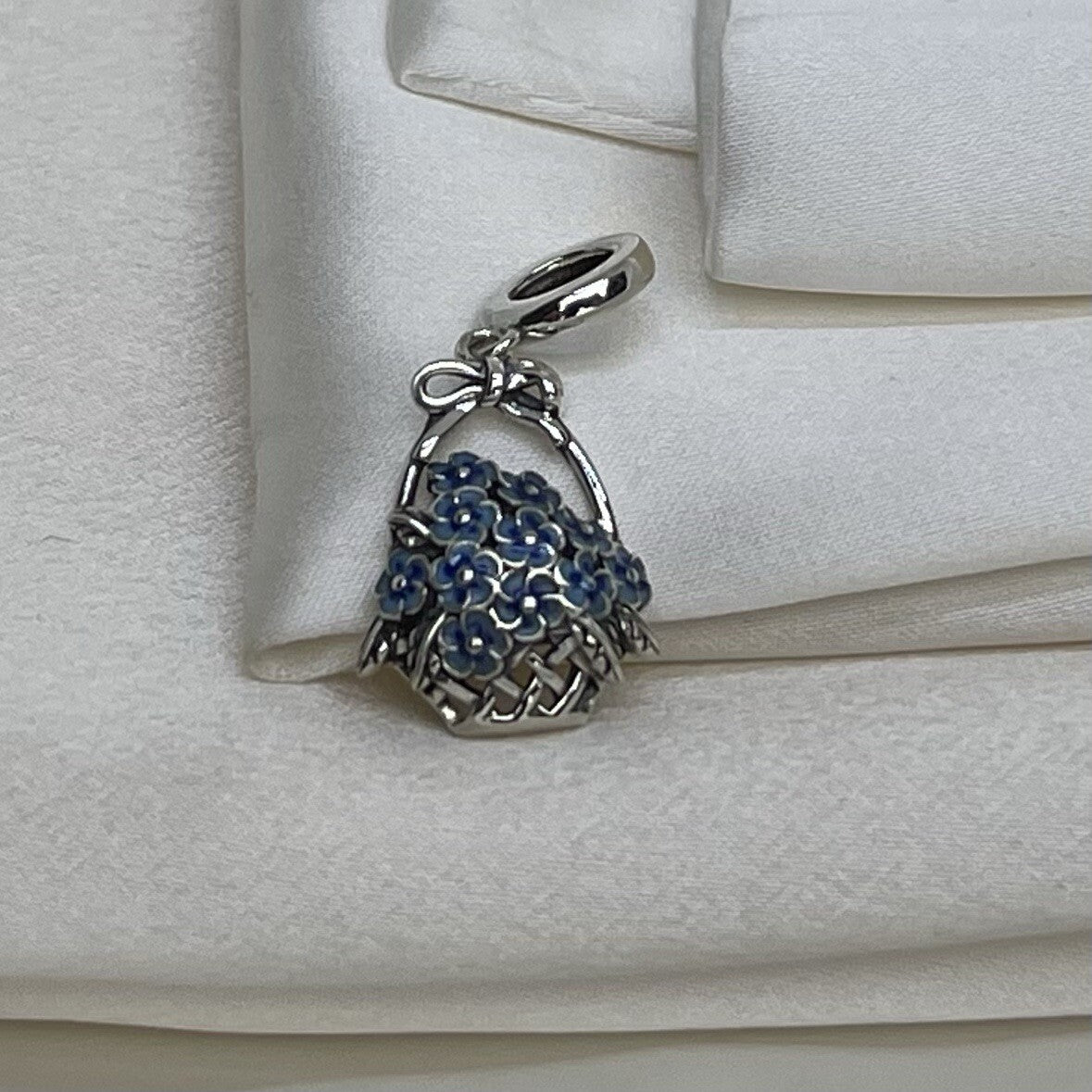 Sterling Silver 925 Enamel Basket of Blue Flower Bouquet Dangle Charm