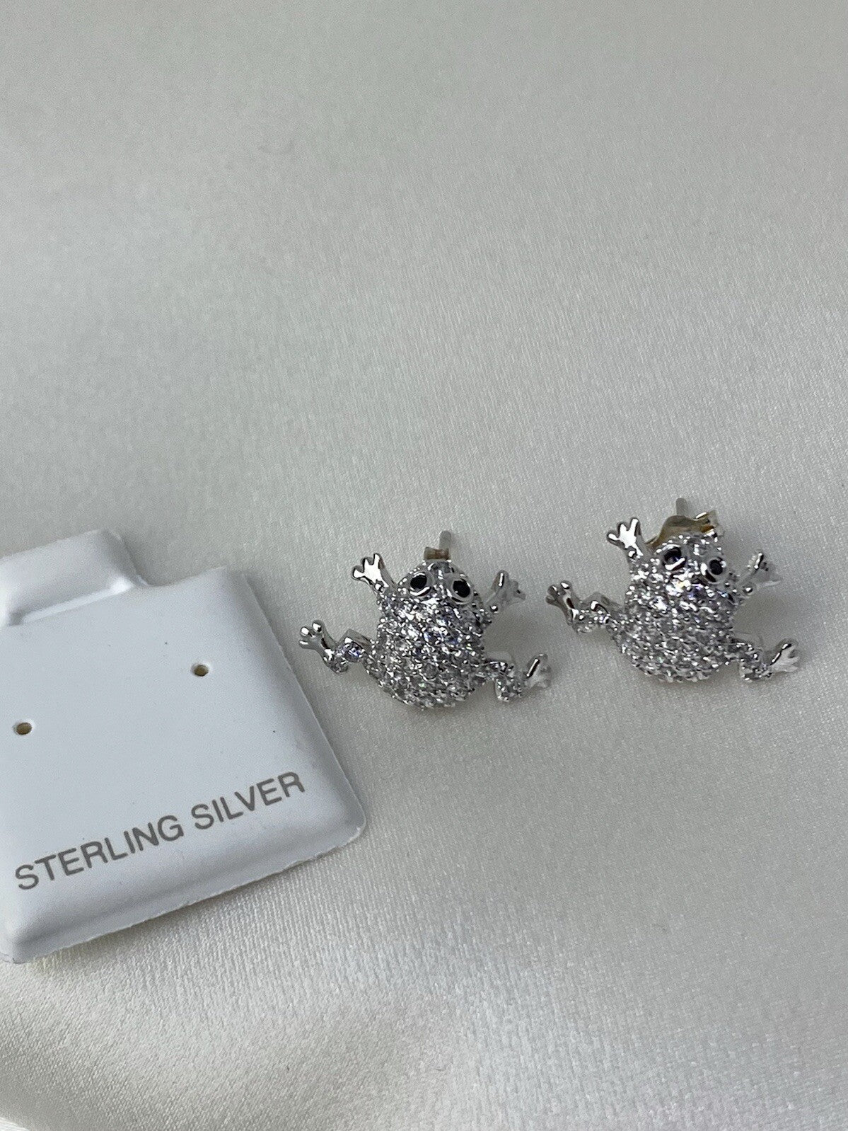 New Sterling Silver 925 11x17mm Frog Stud Earrings Two Tone Cubic Zirconia Stone