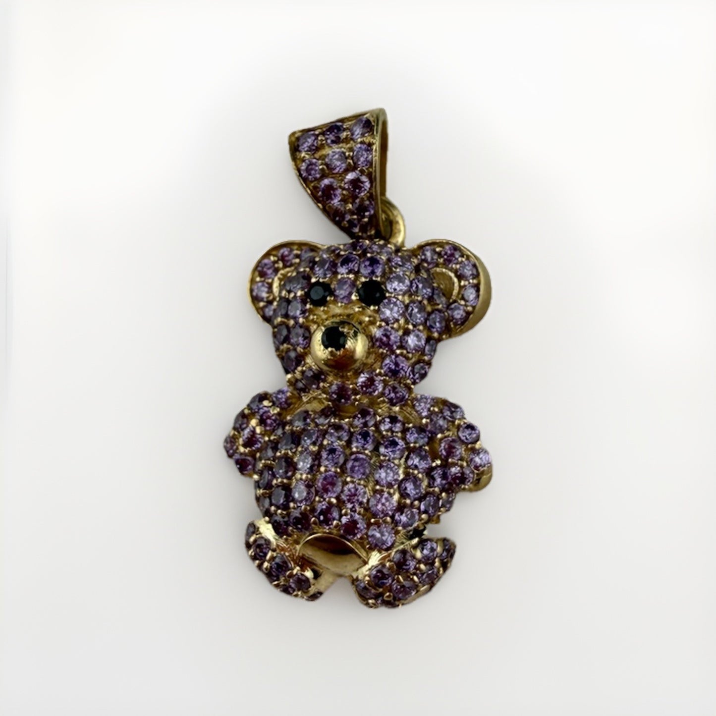 14K Gold Teddy Bear Pendant Purple Simulated Diamond Black Eyes 4.7 Gram 16x28mm