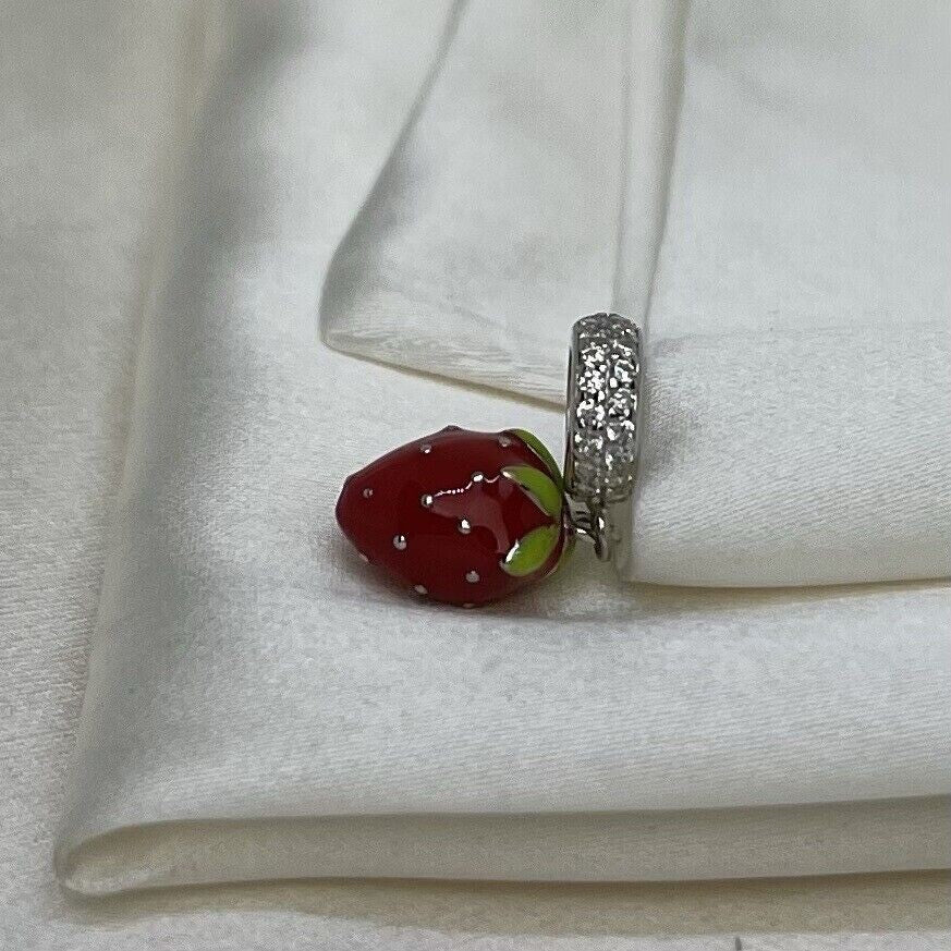 Sterling Silver 925 Enamel Strawberry Fruit Red Green Dangle Charm Pendant CZ