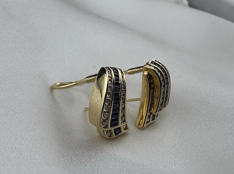 Charles Krypell 18K Yellow Gold Baguette Sapphire & Pave Diamond Earrings 12G