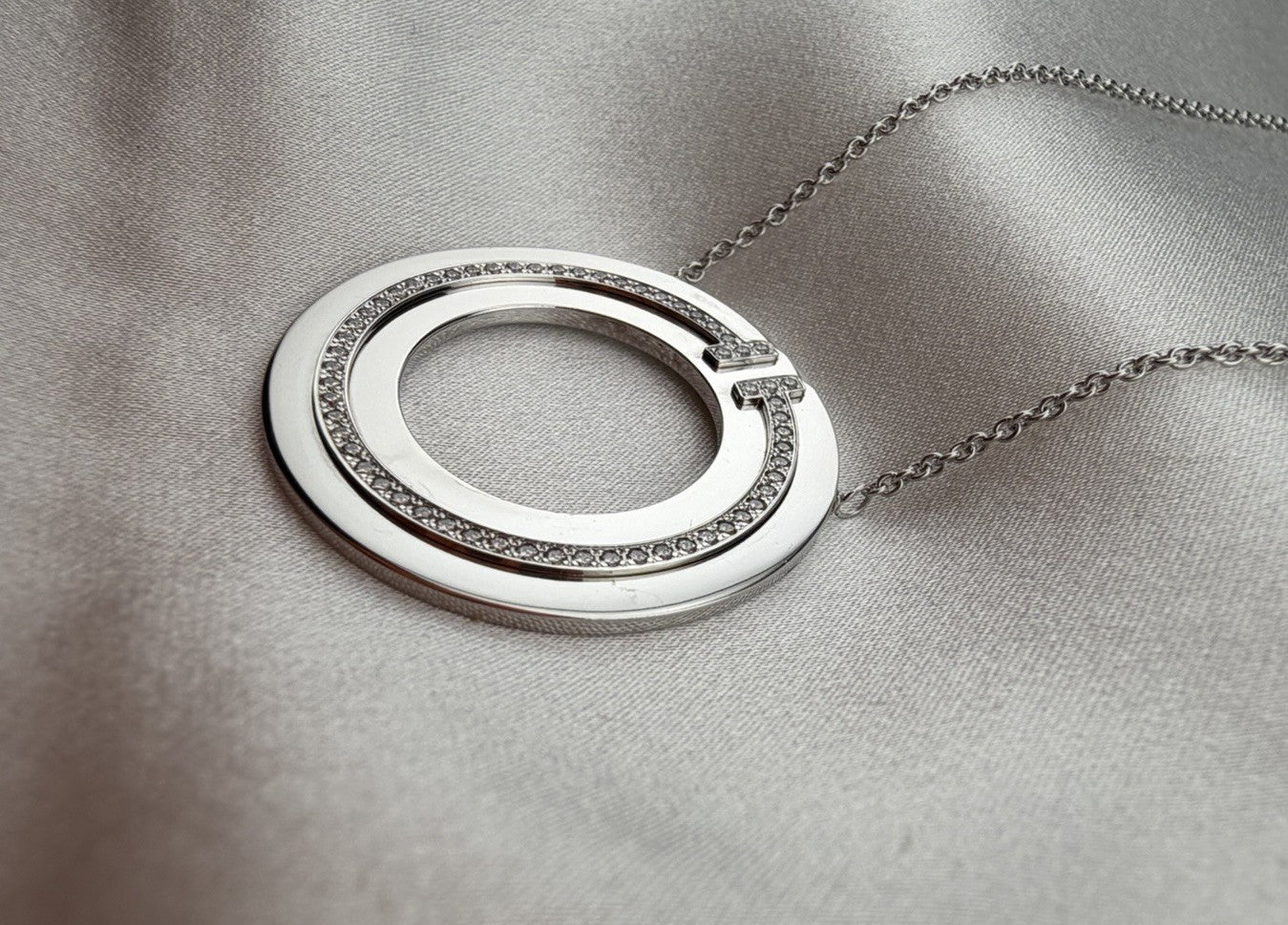 Tiffany & Co. 18k White Gold Diamond T Circle Pendant Necklace Large 30mm 18”