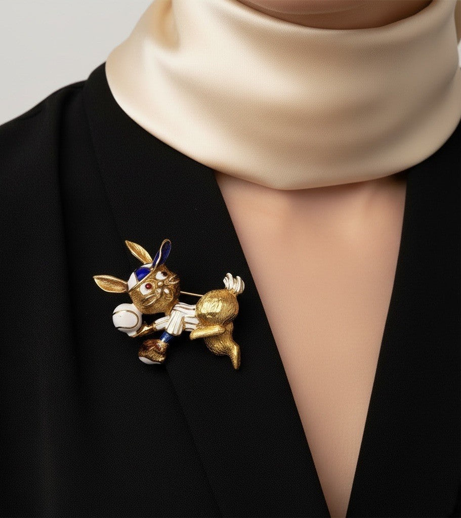Martine Vintage 18k Gold Enamel Rabbit Baseball Pin XL Brooch 30.3 Grams 53x41mm