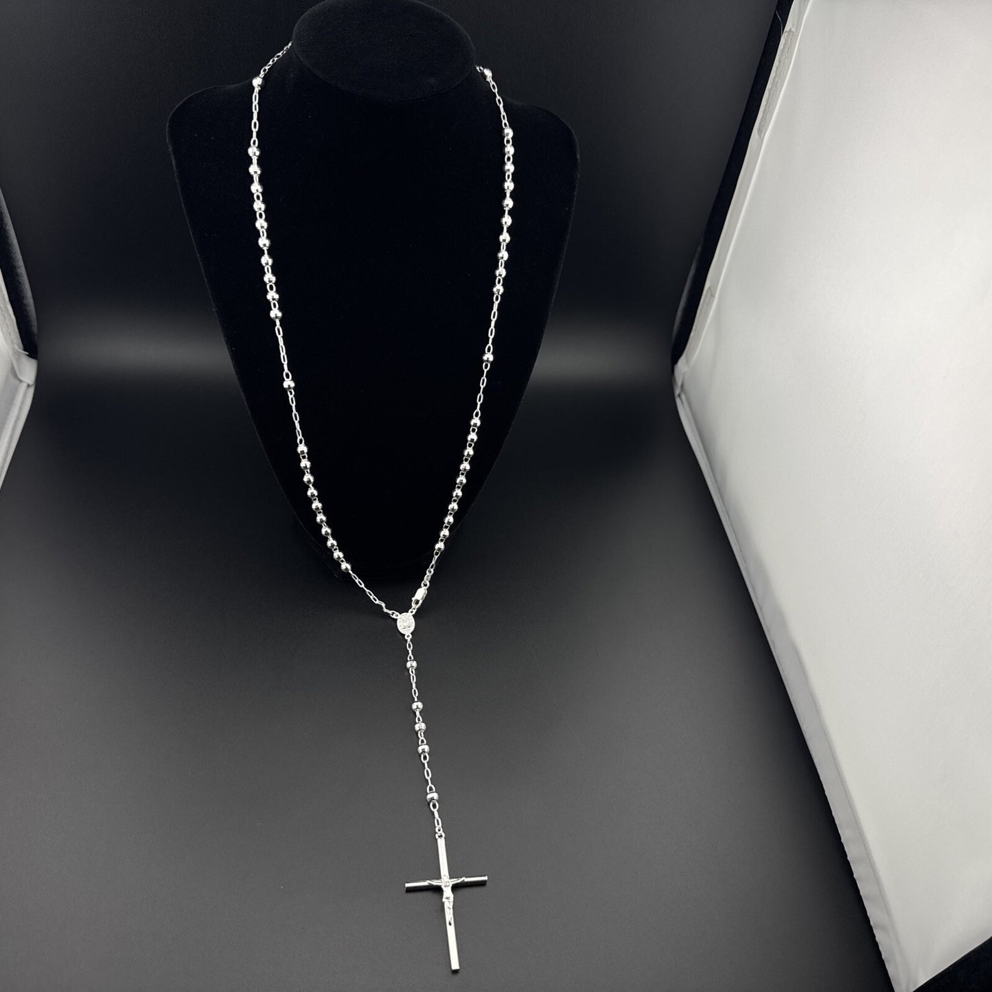 Sterling Silver 925 Rosary Necklace with Mother Mary & Jesus Cross, 24in, 20g