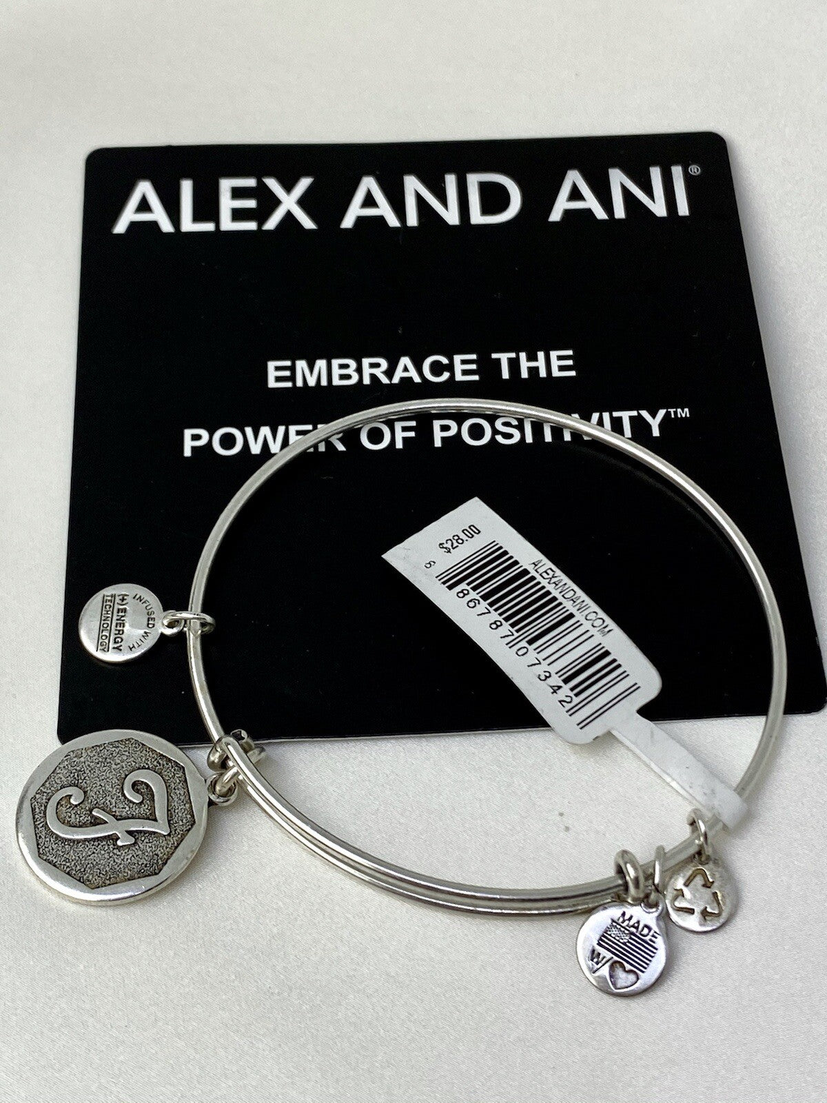 Alex and Ani Initial F Wire Rafaelian Silver Charm Bangle Bracelet