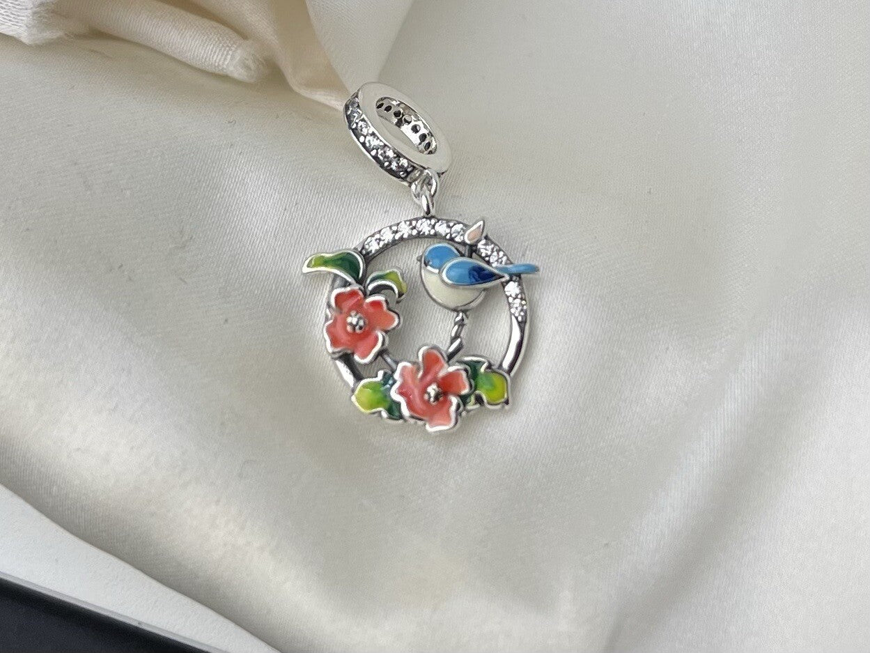 Sterling Silver 925 Enamel Cubic Zirconia Blue Jay Bird On Flowers Dangle Charm