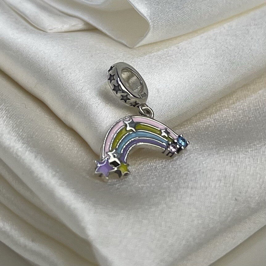 Sterling Silver 925 Cute Enamel Rainbow Stars Pink Blue CZ Stones Dangle Charm