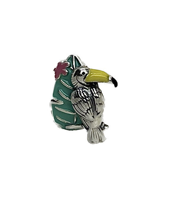 Sterling Silver 925 Enamel Vibrant Jungle Toucan Bird On Flower Tropical Charm