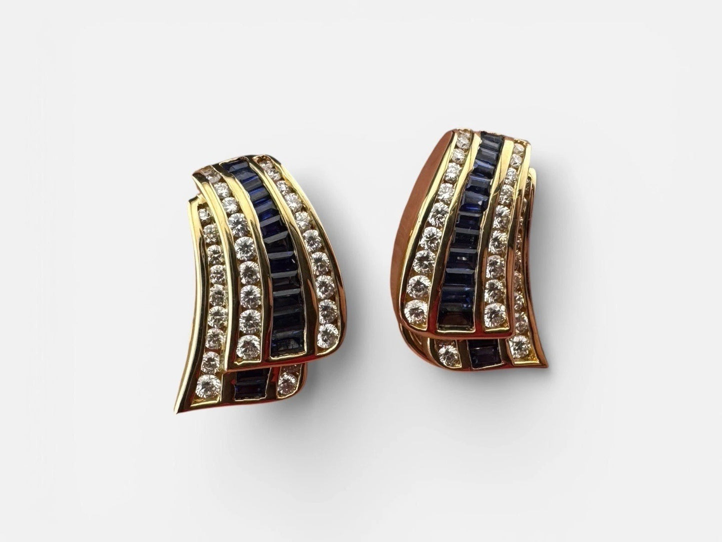 Charles Krypell 18K Yellow Gold Baguette Sapphire & Pave Diamond Earrings 12G