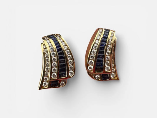 Charles Krypell 18K Yellow Gold Baguette Sapphire & Pave Diamond Earrings 12G