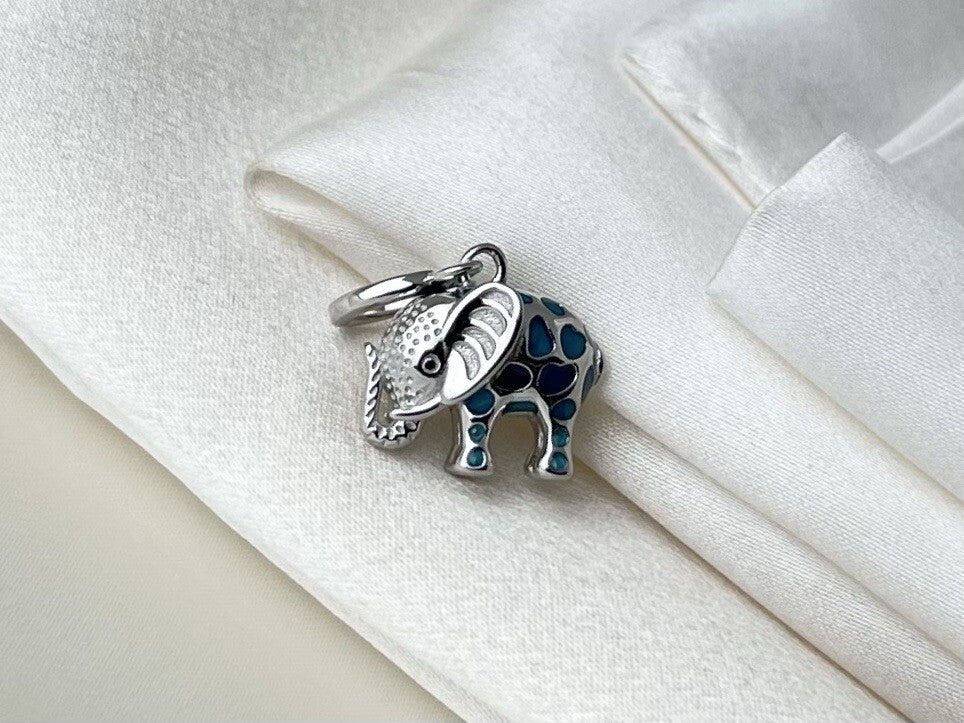 Sterling Silver 925 Dangle Blue Enamel Vibrant Happy Festive Elephant Charm