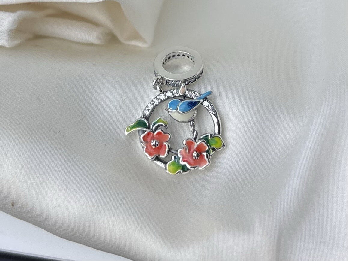 Sterling Silver 925 Enamel Cubic Zirconia Blue Jay Bird On Flowers Dangle Charm