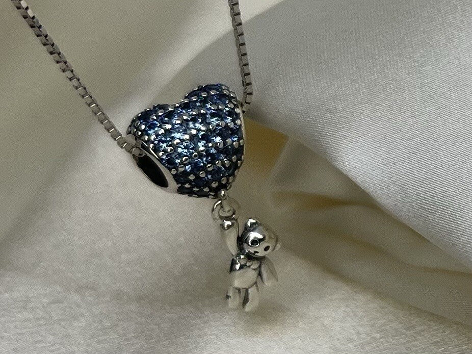 Sterling Silver 925 Blue CZ Love Heart Balloon & Dangling Bear Pendant Necklace