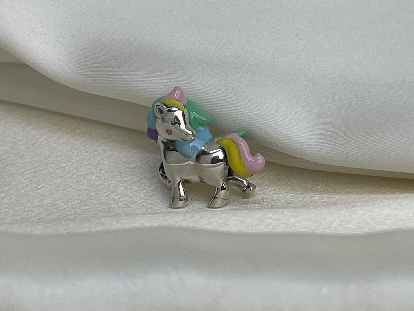 Sterling Silver 925 Enamel Rainbow Cotton Candy Unicorn Horse Pony Heart Charm