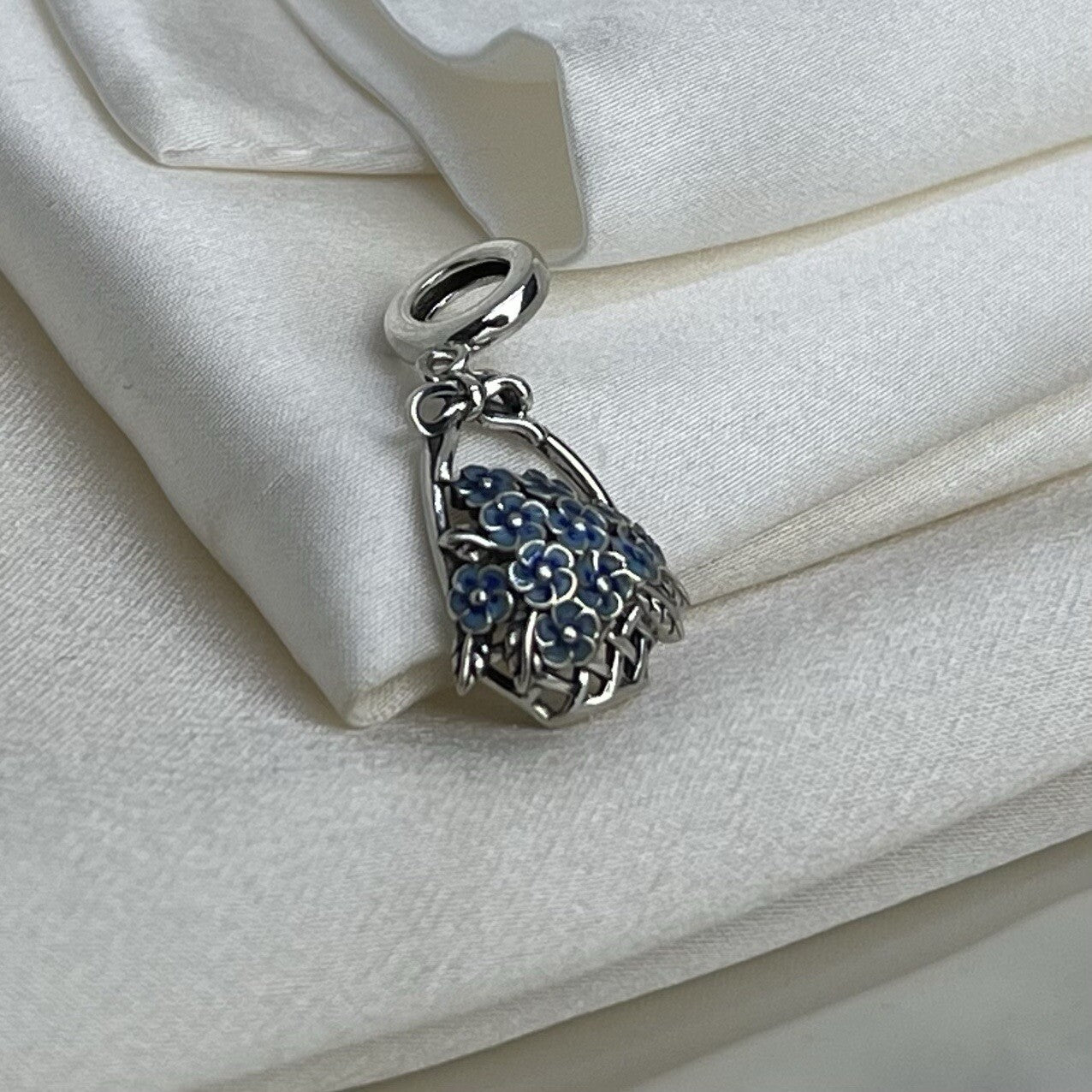 Sterling Silver 925 Enamel Basket of Blue Flower Bouquet Dangle Charm