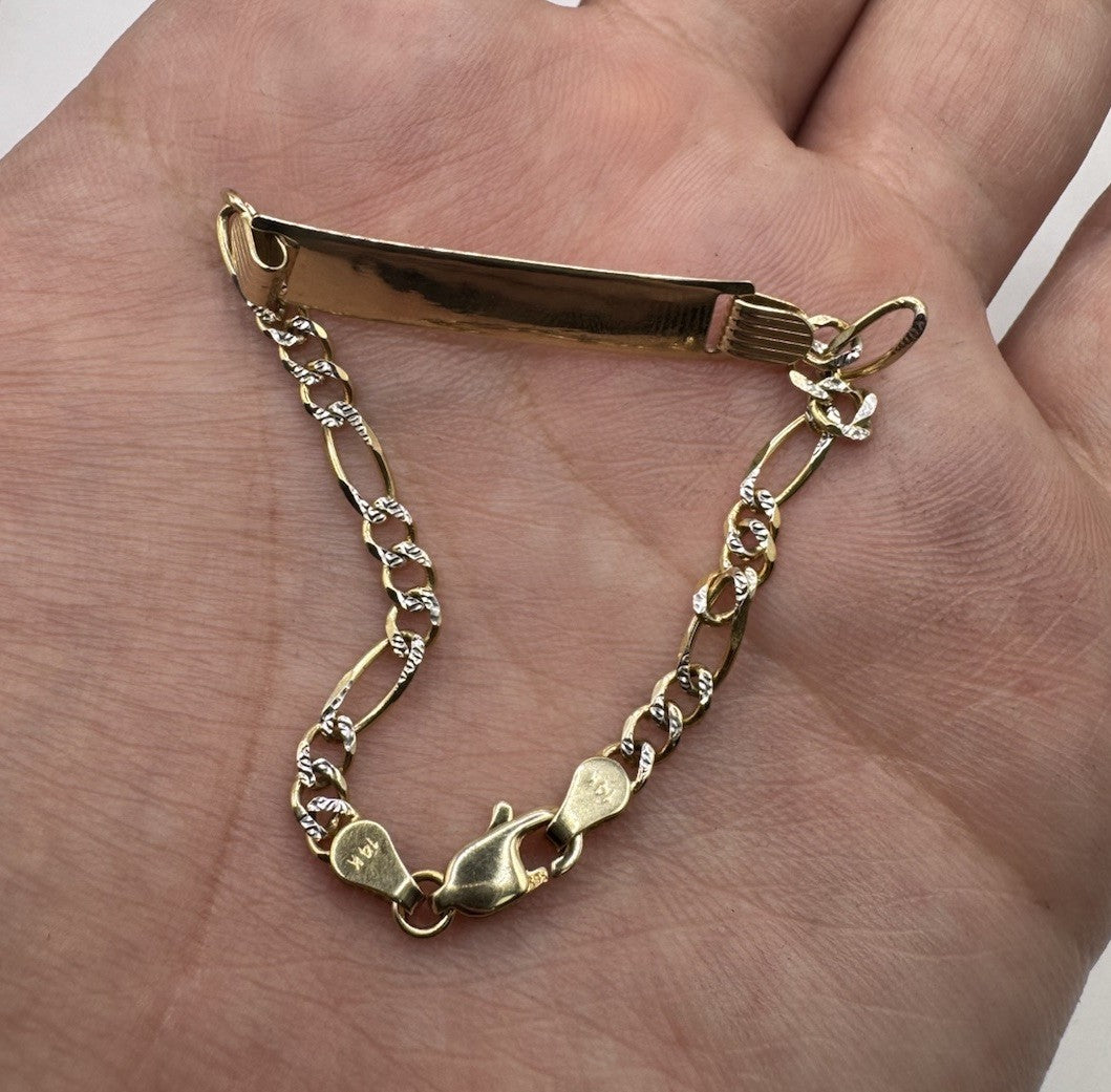14K Yellow Gold Figaro ID Bracelet 6" Solid Link 3.8G Kids / Petite Women