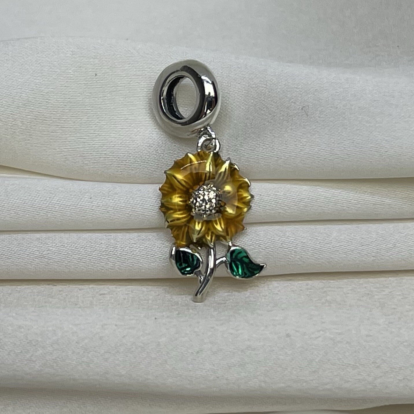 Sterling Silver 925 Enamel Cubic Zirconia Vibrant Sunflower Dangle Charm