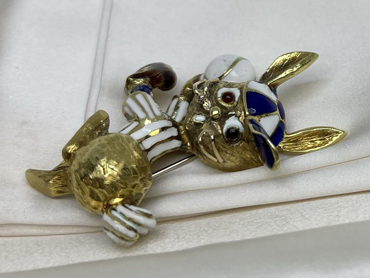 Martine Vintage 18k Gold Enamel Rabbit Baseball Pin XL Brooch 30.3 Grams 53x41mm