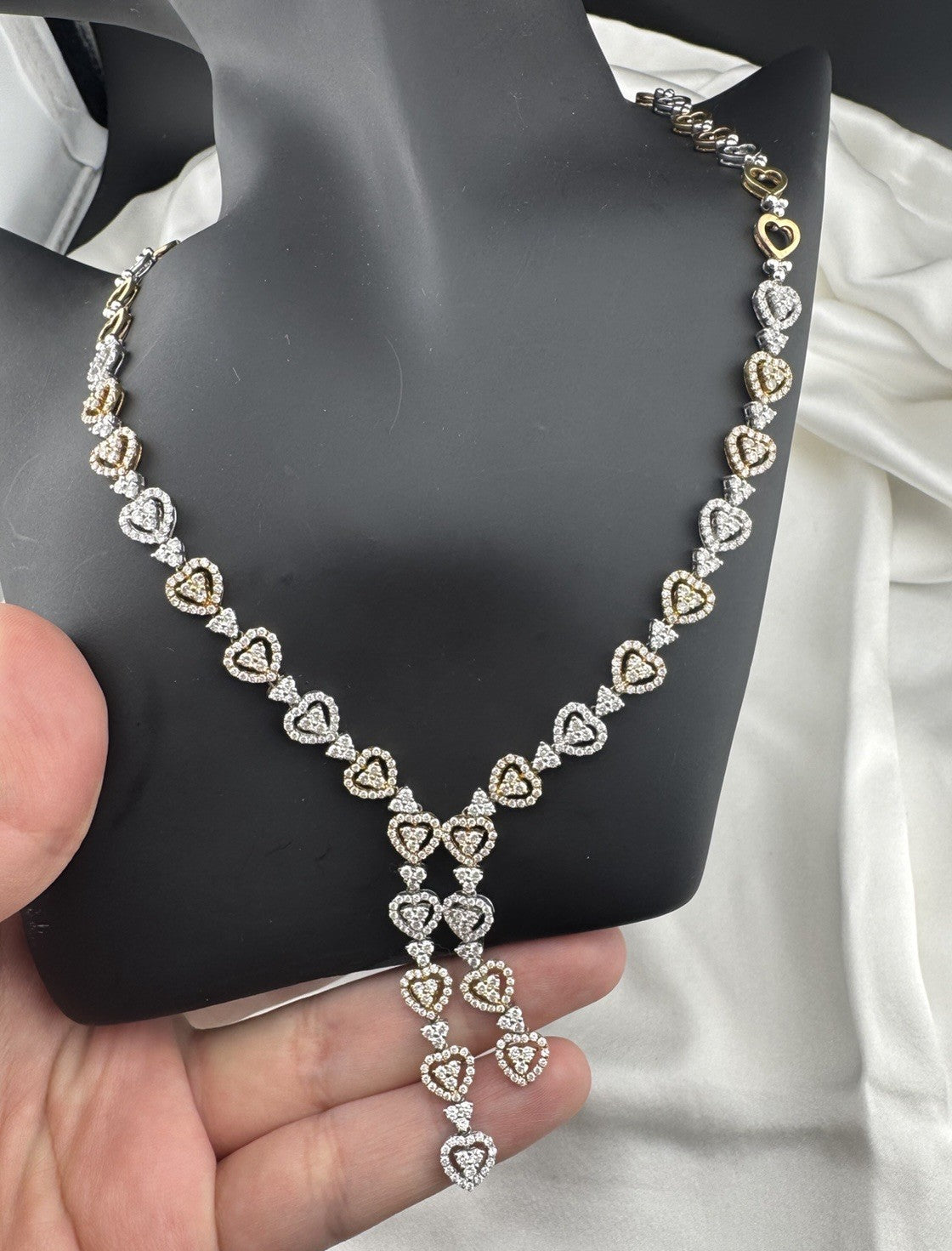 14K Yellow Gold Tri-Tone Heart Necklace Pave Stones 32G 17.25” 8mm Chain