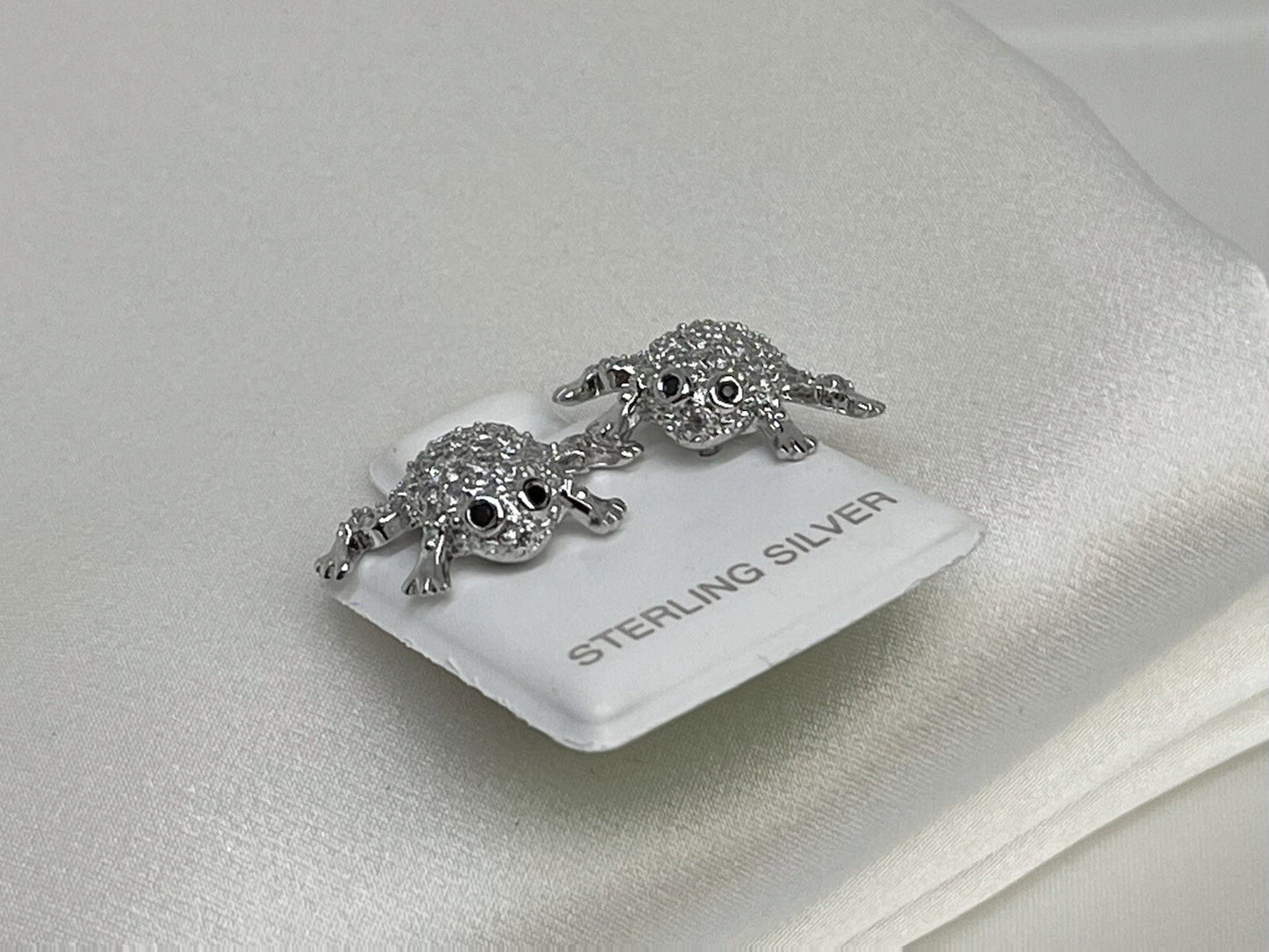 New Sterling Silver 925 11x17mm Frog Stud Earrings Two Tone Cubic Zirconia Stone