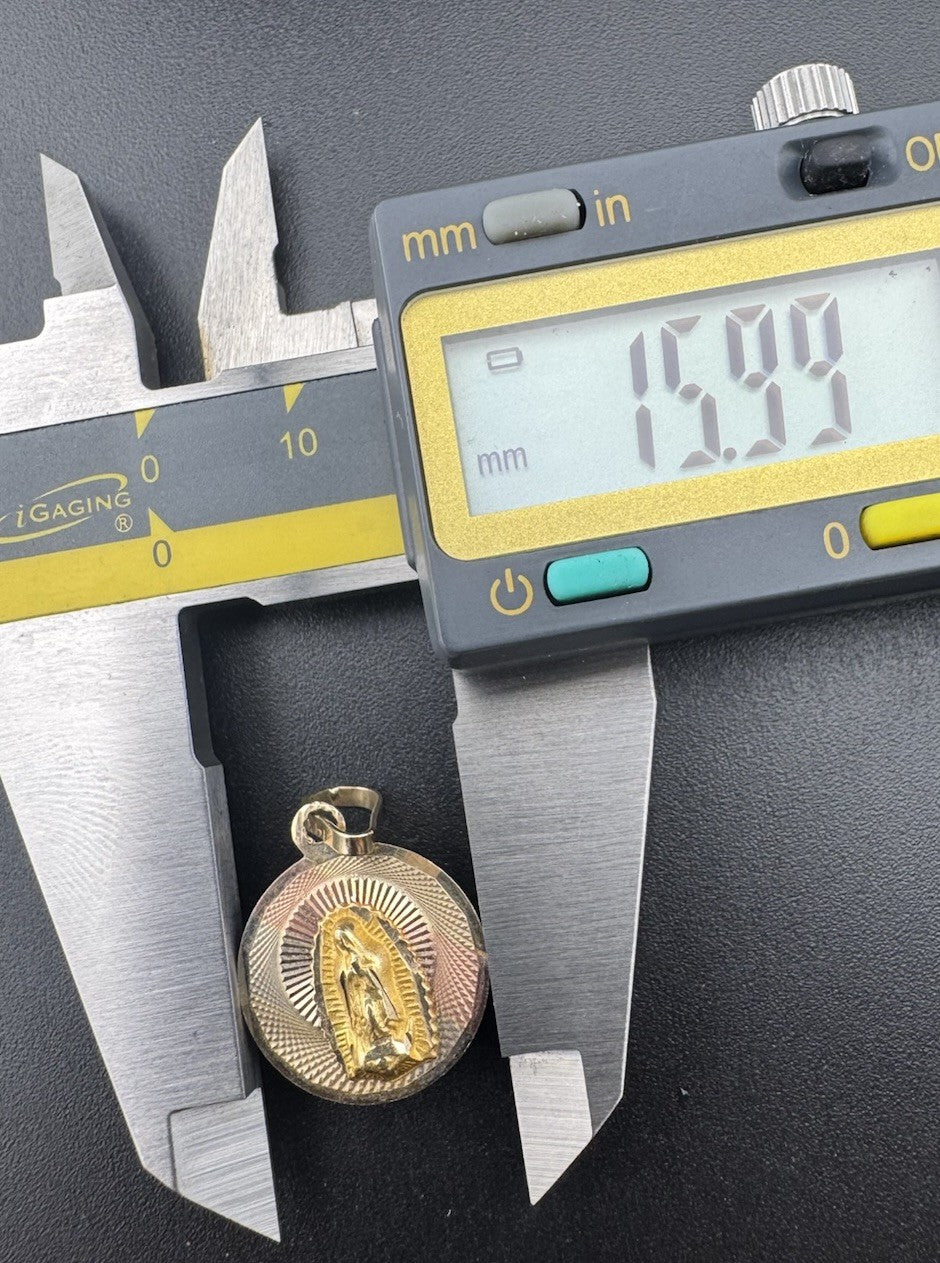 Gold Virgin Mary Guadalupe 14K Tri Gold Round Pendant Charm – 16mm, 1.8 Grams