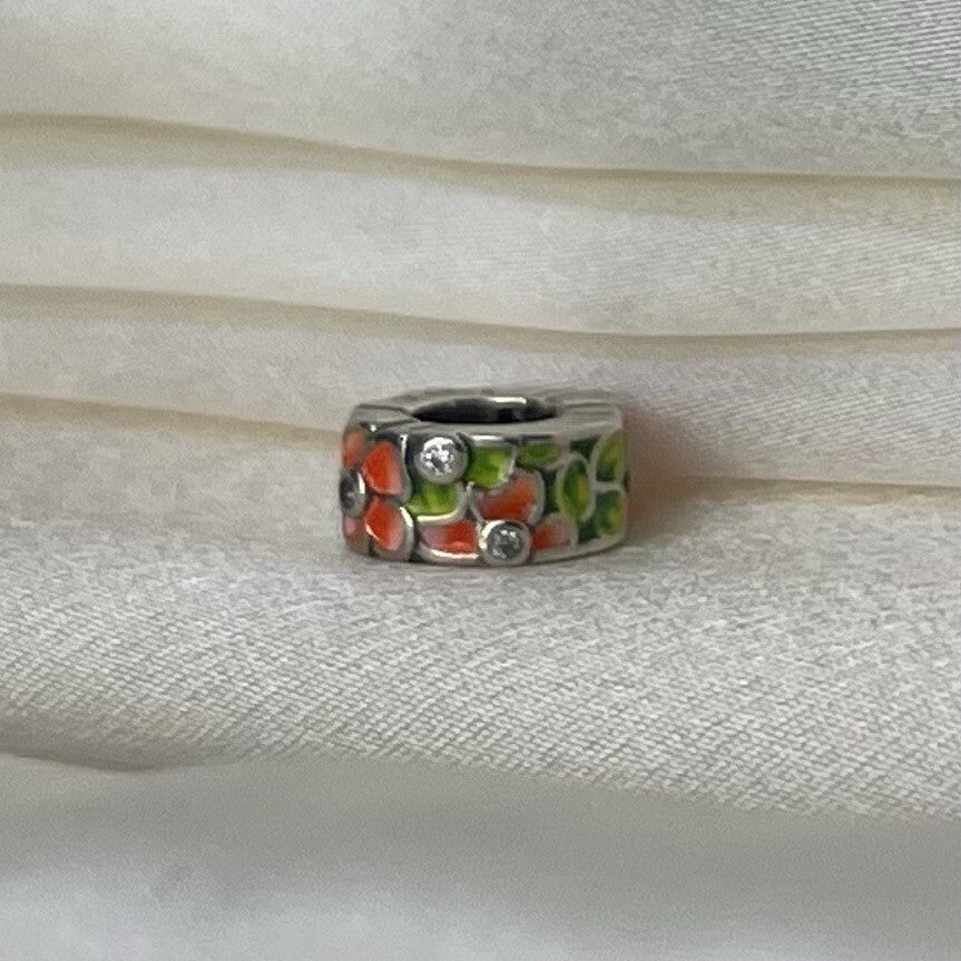 Sterling Silver 925 Enamel Pink Flower Plant with Cubic Zirconia Charm