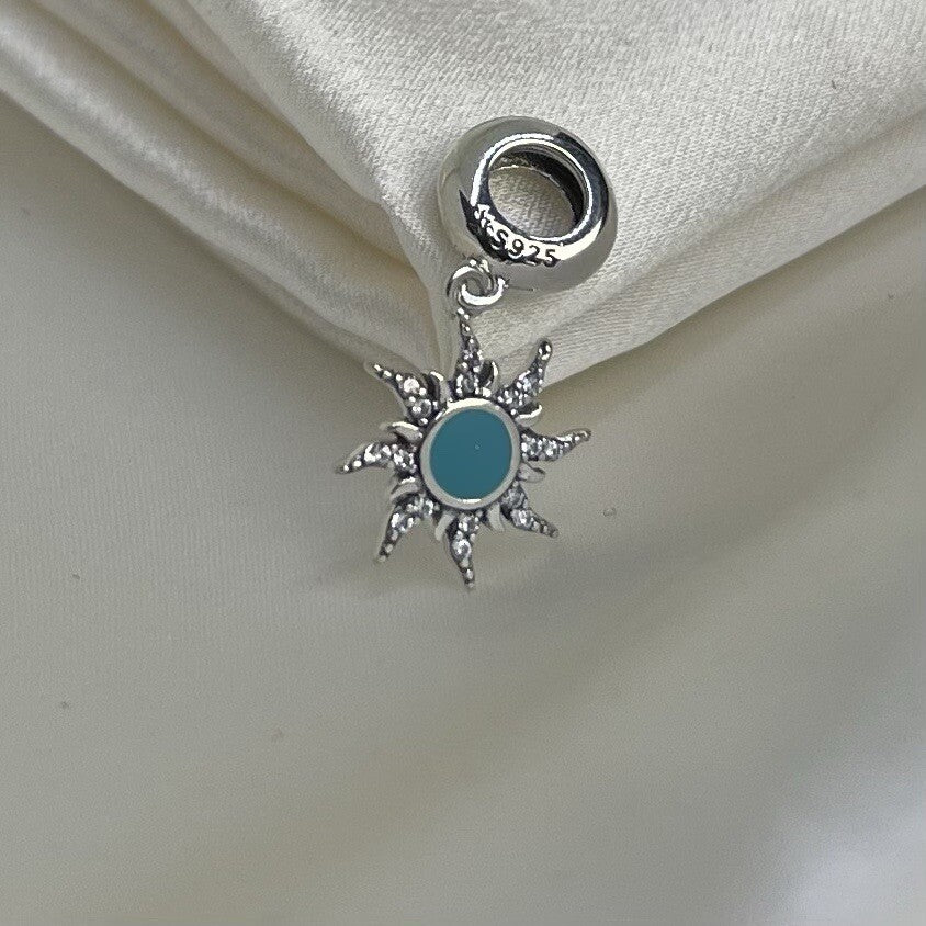 Sterling Silver 925 Enamel Turquoise Sun Star With Cubic Zirconia Dangle Charm