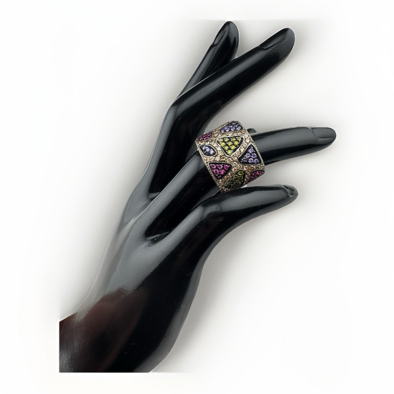 Sterling Silver 925 Mosaic Design Multicolor Gemstone Statement Ring Sz 7 13G