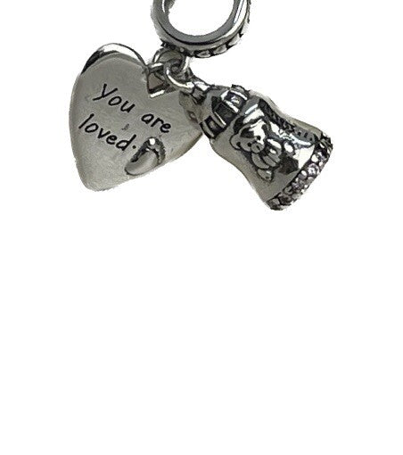 Sterling Silver 925 Baby Foot Bear Bottle You Are Loved Heart Charm Pink Pavé CZ