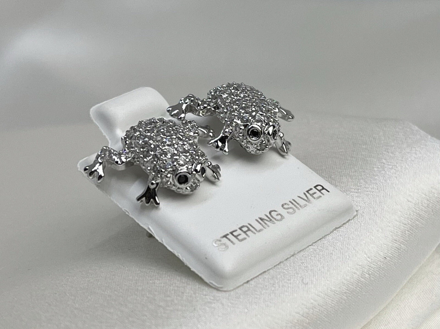 New Sterling Silver 925 11x17mm Frog Stud Earrings Two Tone Cubic Zirconia Stone