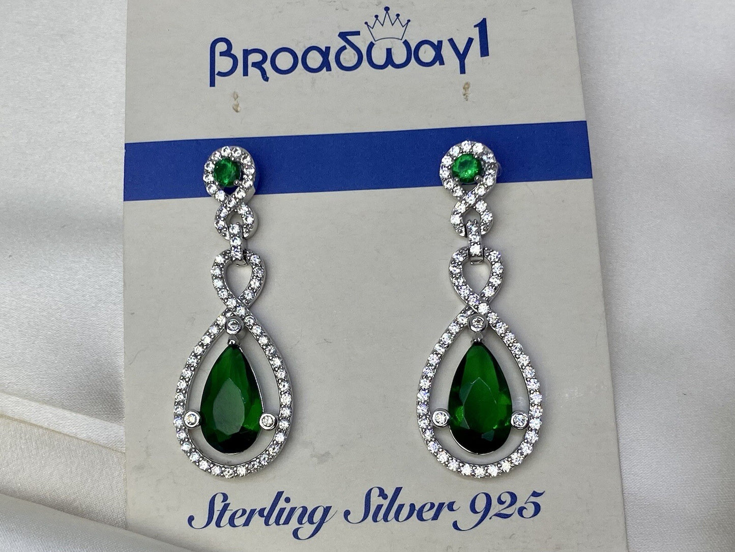 Broadway 1 Sterling Silver 925 16x43mm Green Drop Dangle Earrings Cubic Zirconia