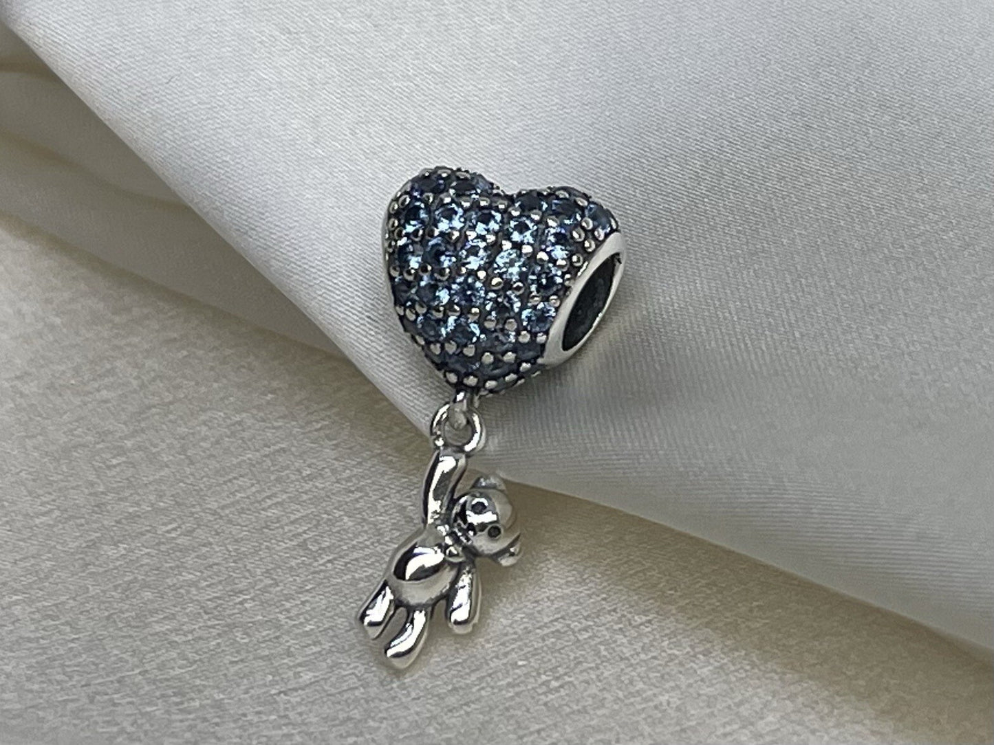 Sterling Silver 925 Blue Cubic Zirconia Love Heart Balloon & Dangling Bear Charm