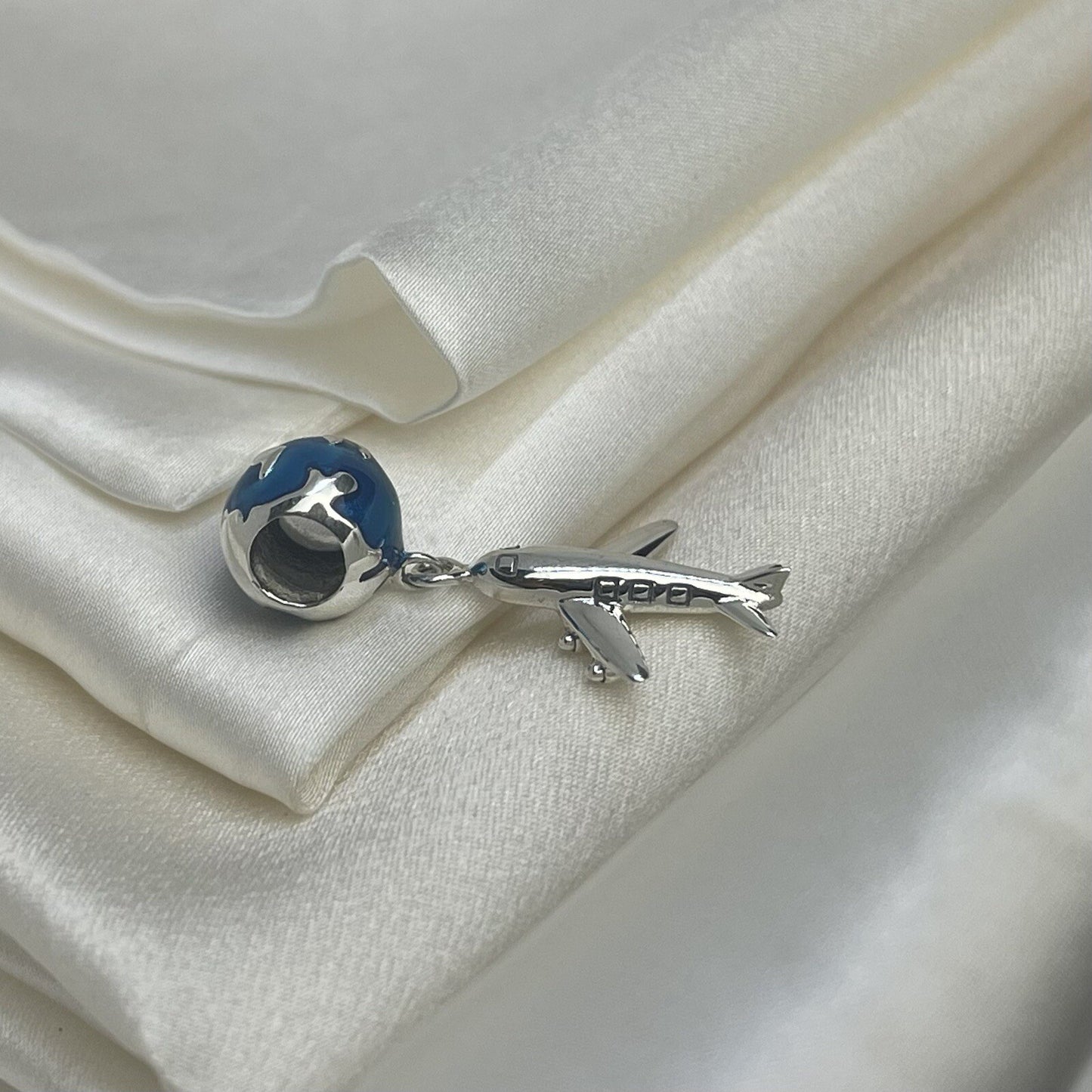 Sterling Silver 925 Enamel Globe Travel Vacation Airplane Memory Dangle Charm