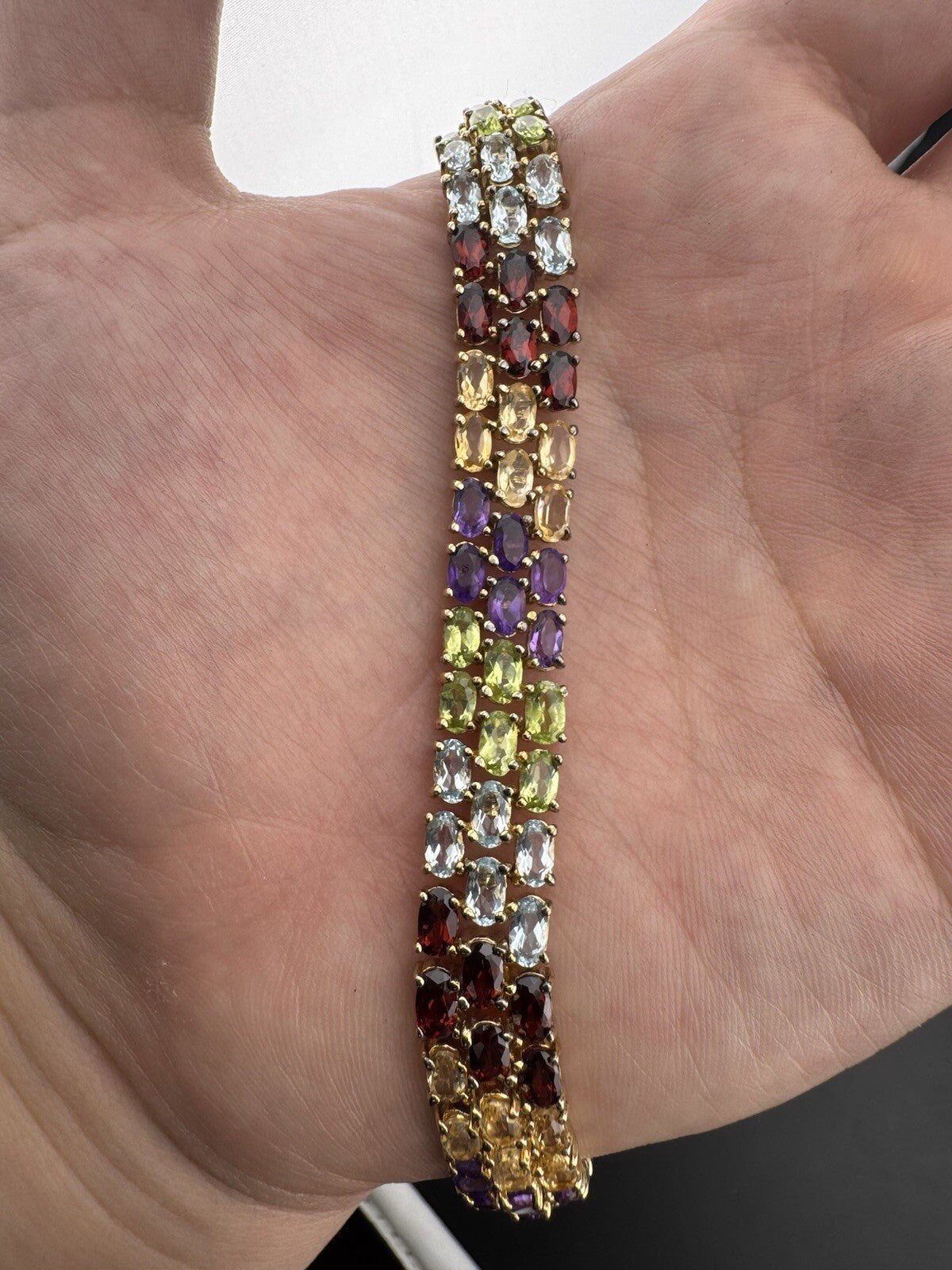 925 Fine Silver Plated Gold Multicolor Gemstone Row Tennis Bracelet 7.5 25.7G