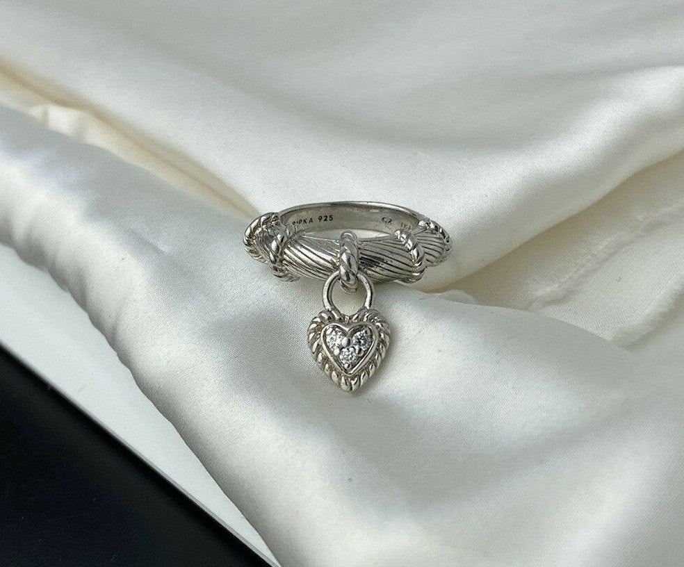 Vintage Judith Ripka Sterling Silver 925 16mm Dangling CZ Heart 6.5mm Band Ring