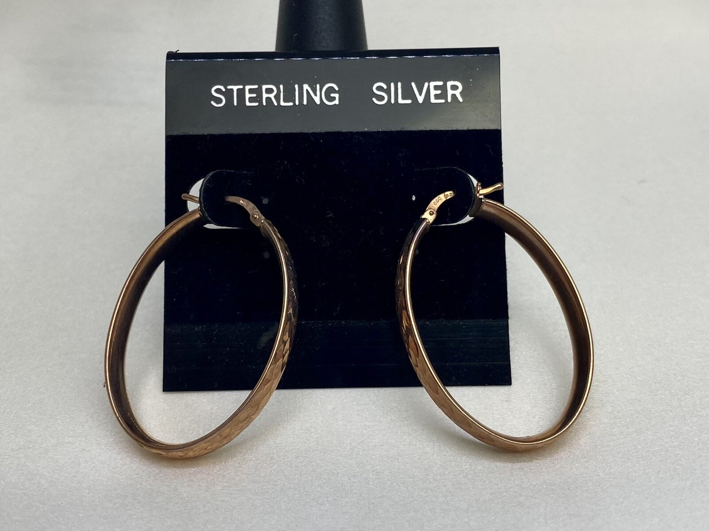 Pendientes de aro martillados de plata de ley 925 CGC nuevos, color oro rosa, 26x36mm