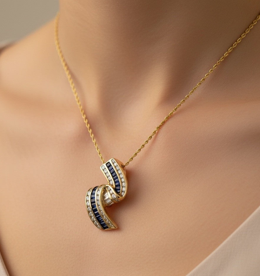 Vintage Charles Krypell 18K Yellow Gold Sapphire and Diamond Ribbon Pendant 7.7G