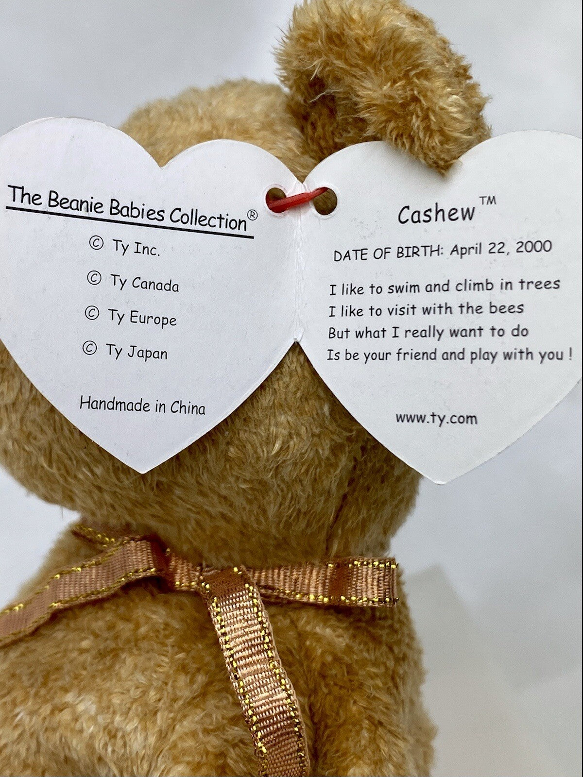 Rare Retired Ty Beanie Baby Cashew The Bear 2000 Mint P.E. Pellets With Errors